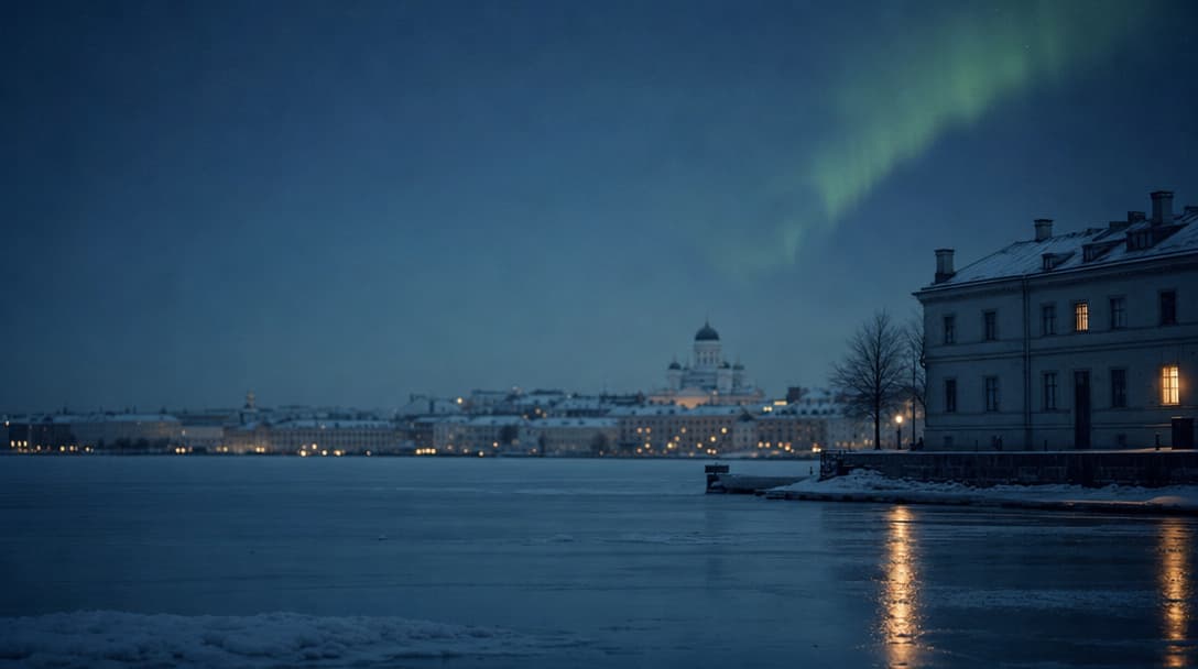 Helsinki at winter dusk with a warm-lit window